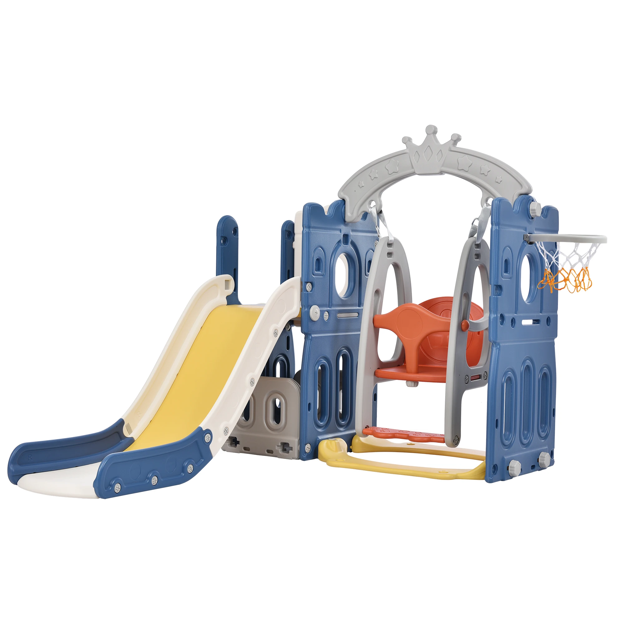 Comanlai 5-in-1 kinderspeeltoestel: glijbaan, schommelglijbaan, vrijstaande glijbaan, klimrek, opbergruimte, schommels, basketbalringen, speelgoedglijbaan