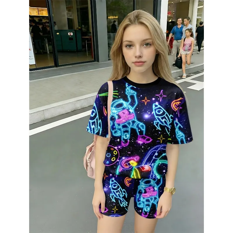 Neon Astronaut Space Print Casual 2PCS T-shirt and Shorts Set Suitable for Birthday Giving, Comfortable Casual Set