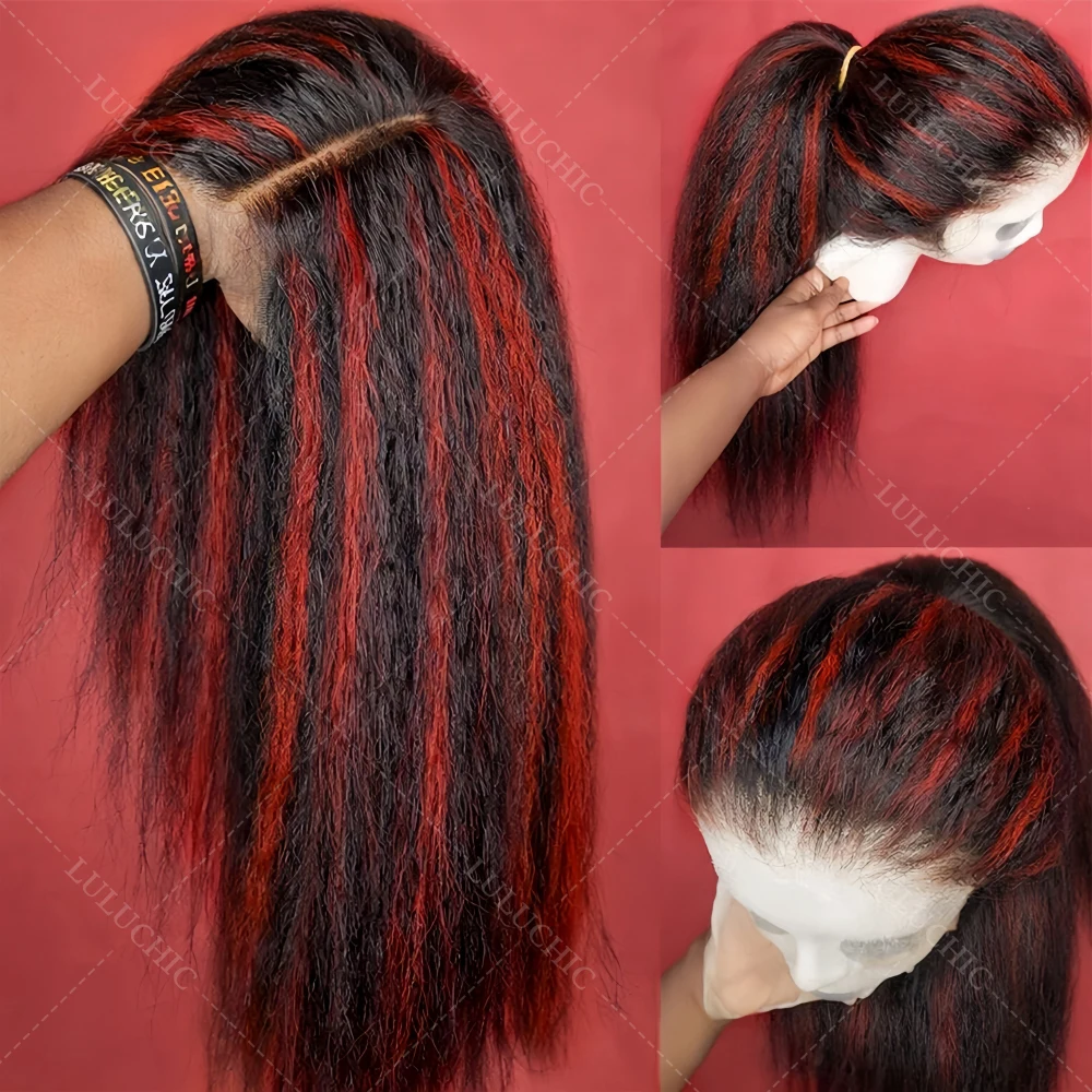 

Парик 1B/99J бургундский с хайлайтами, кинки-стрейт, 13x4 HD, с кружевной передней частью, плотность 200, черный с красным, предварительно выщипанный, предварительно обесцвеченный, 5x5, с кружевной основой