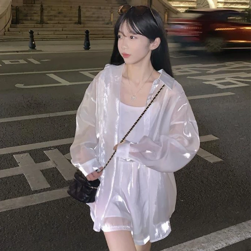 Sun-proof Shirts Women Loose Sheer Casual Thin Summer Long Sleeve Camisas De Mujer Chic Korean Style Simple Holiday Aesthetic