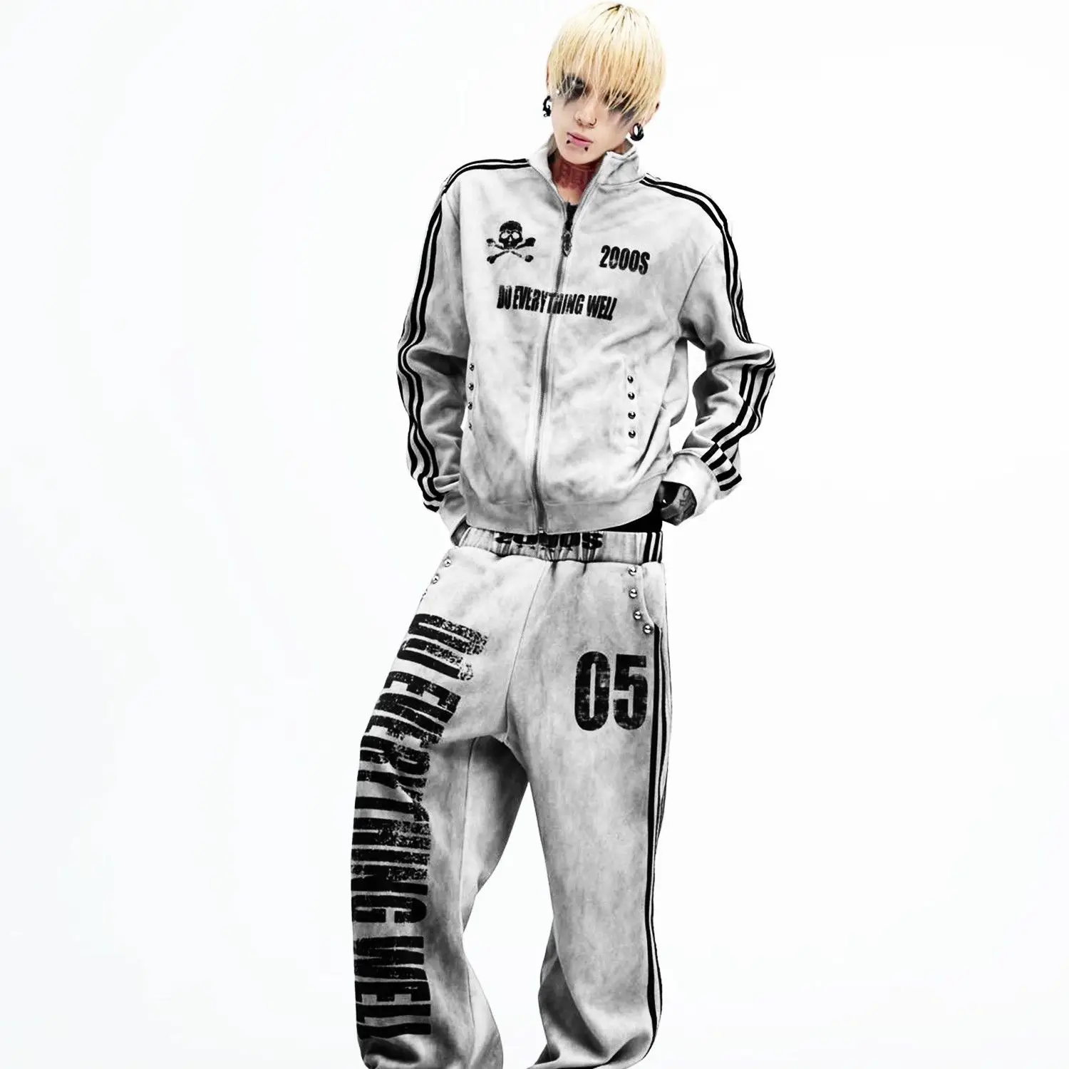 Mens Jacket Vintage Streetwear Light Gray Stand Collar Zip Up Coat Skull Print Stripe Detail Washed Loose Fit Retro Punk Fashion