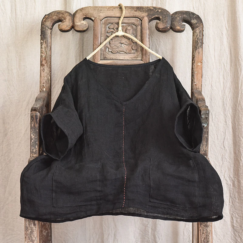 100% 린넨 여성 캐주얼 티셔츠 신상 2025 여름 빈티지 스타일 V넥 단색 루즈핏 여성 반팔 티셔츠 T504