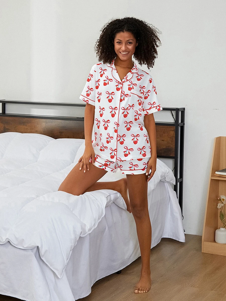 Valentine s Day Women s Pajama Set with Heart and Bow Print Short Sleeve Top and Shorts - Cozy Loungewear with Boots Design