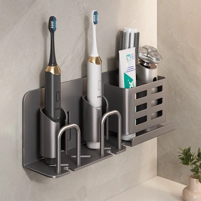 

Держатель для зубных щеток, настенный самоклеящийся стакан для зубной пасты в ванной комнате, стеллаж для хранения электробритвы, держатель из алюминиевого сплава