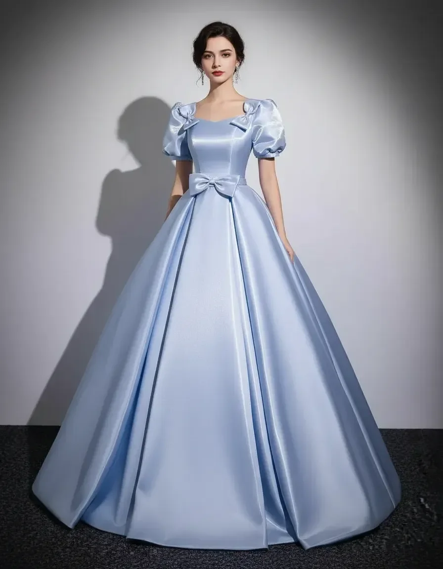 Light Blue Square Neck Satin Ball Gown with Bow for Quinceanera Prom Evening Party Wedding Guest Formal Occasion