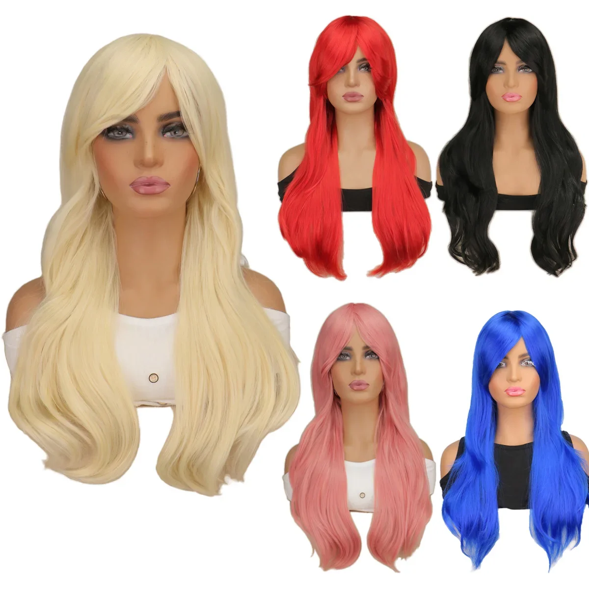 QQXCAIW Women Long Wavy Cosplay Wigs Red Rose Pink Black Blue Sliver Gray Brown Temperature Synthetic Hair Wigs Party