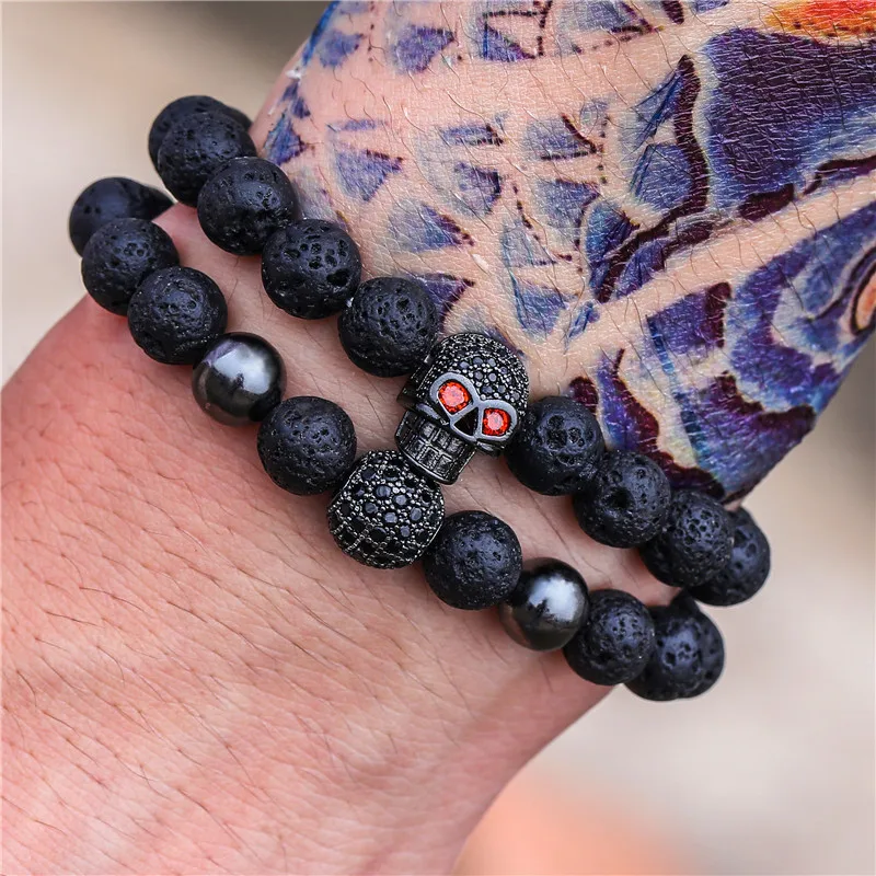 2 Pçs/set Preto Crânio Contas de Pedra De Lava Pulseira Pulseiras do Sexo Masculino Homens Liga Beads Charme Pulseiras Mulheres Homens Estilo Punk Bangle