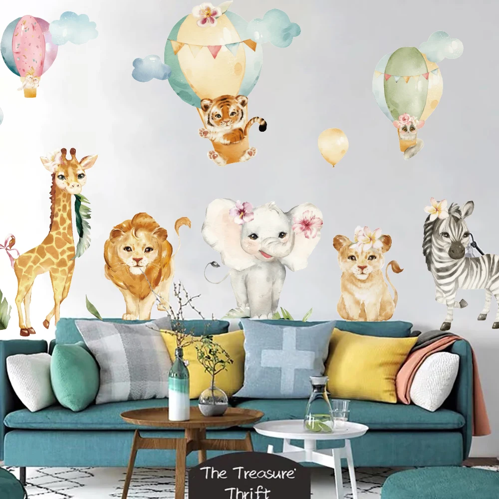 Watercolour Safari Balloon Animal Wall Sticker Children Kids Room Giraffe Lion Elephant Zebra Woodland Wall Decal Playroom Decor