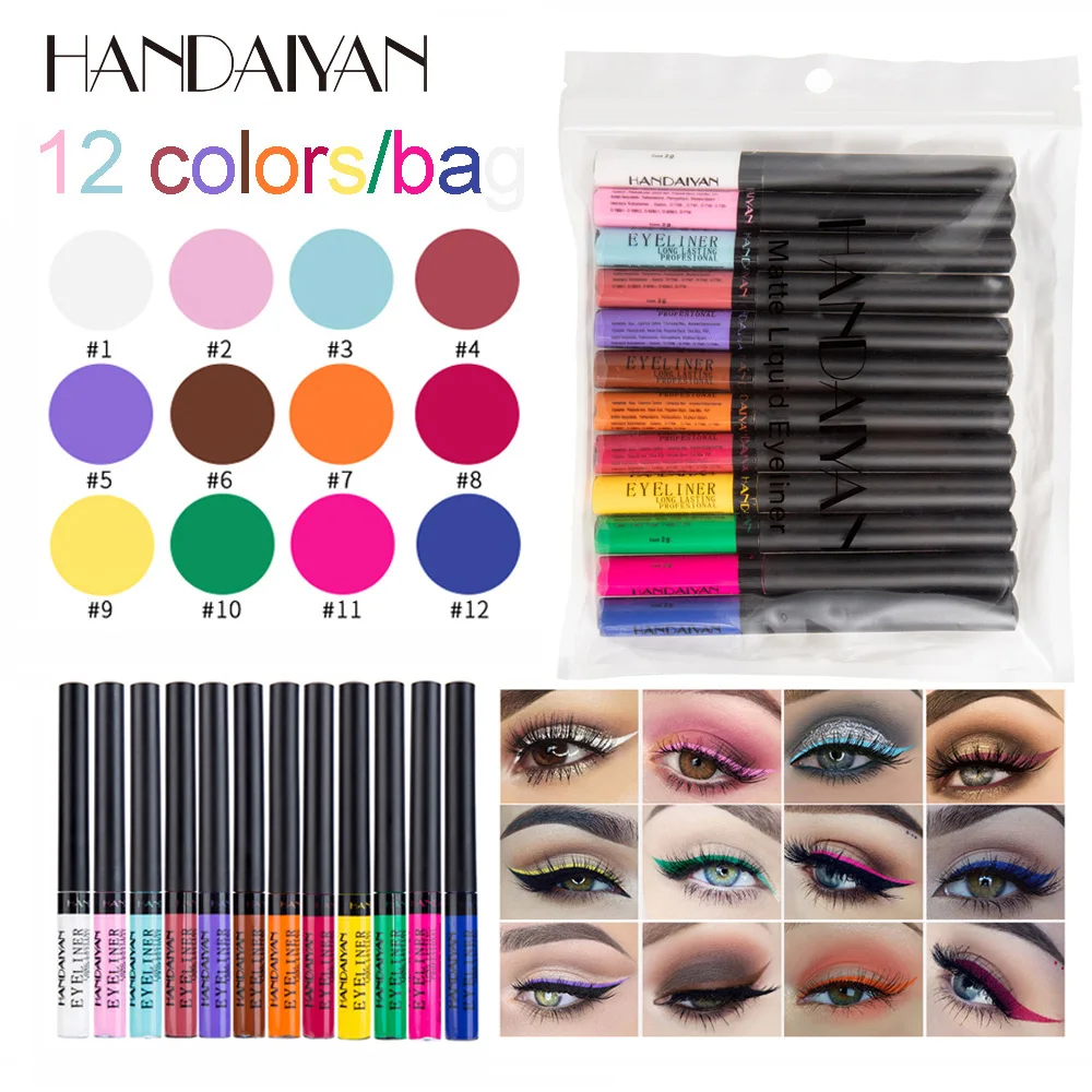 HANDAIYAN Colored Eyeliner Kit 12 Color/Pack Matte Waterproof Liquid Colorful Eye Liner Pencil Set Makeup Cosmetics Long-lasting