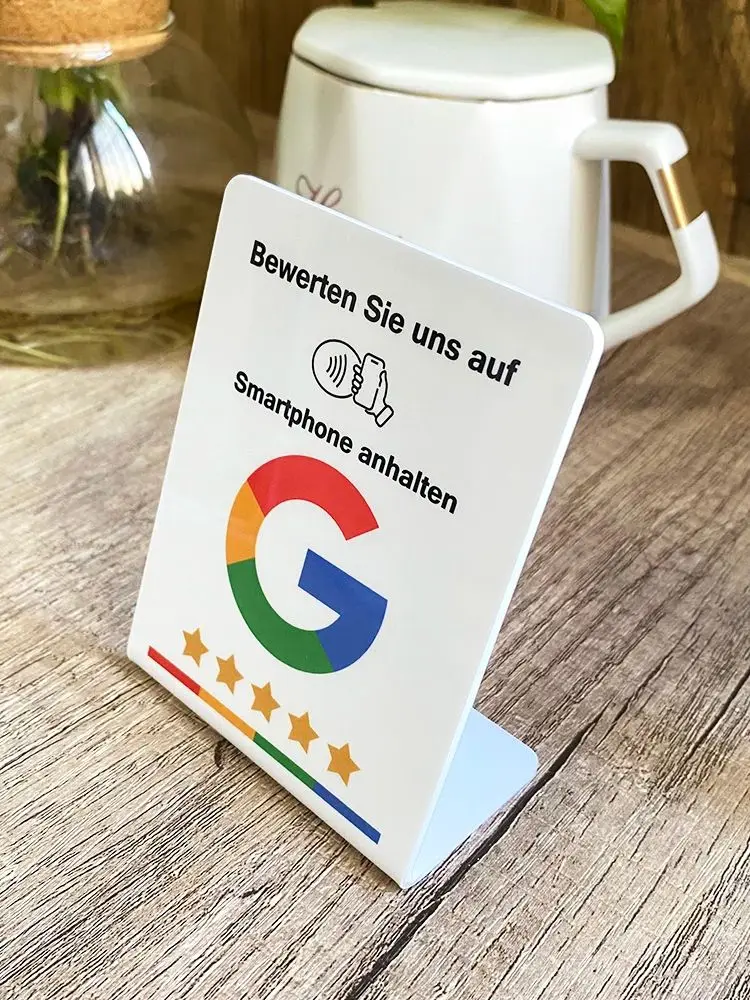 Revisão de nós no Google Display Table Stand Alemão Francês Espanhol Árabe NFC Google Review Sign para Restaurante Loja de Beleza