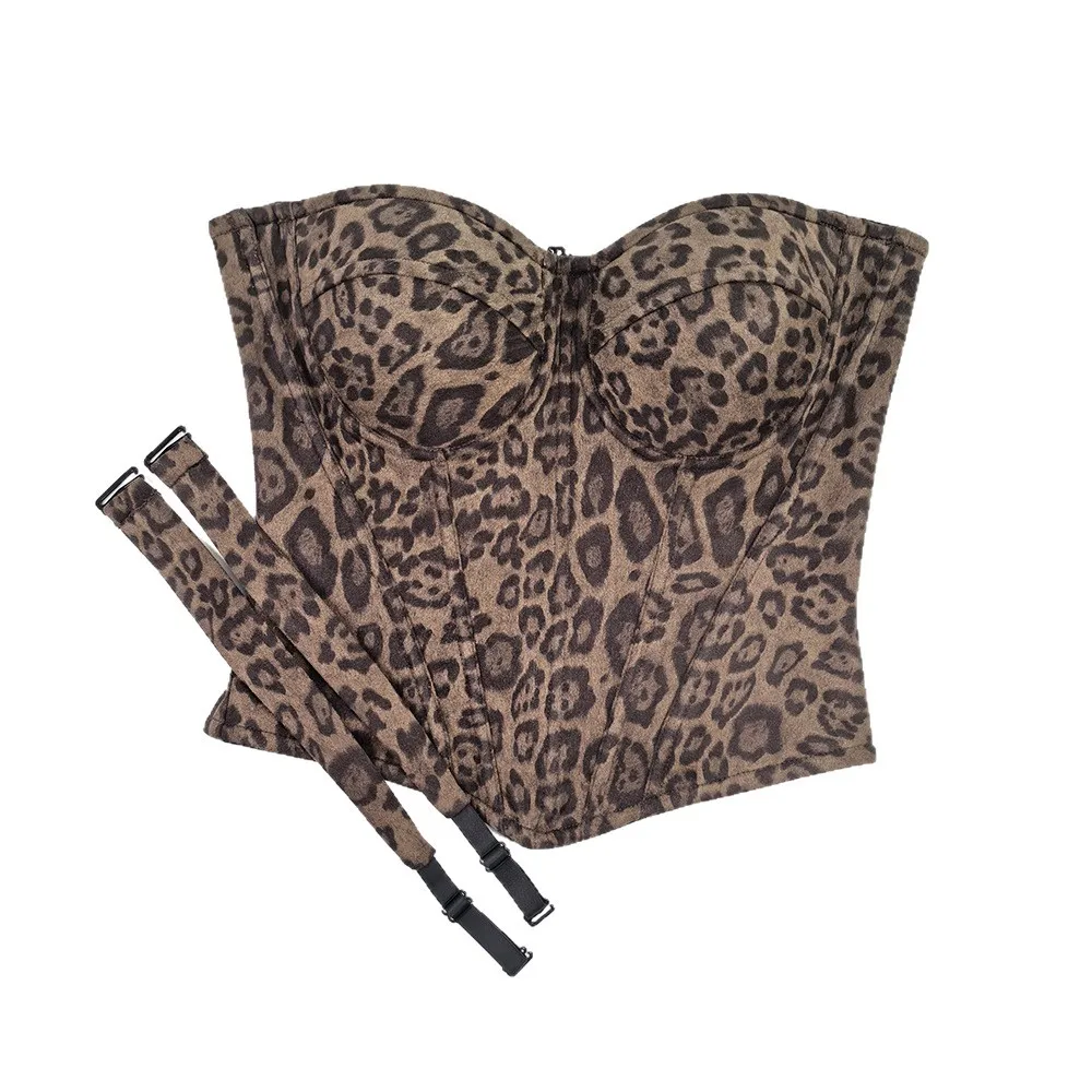 

Sexy Leopard Print Corset Tube Top, Push Up Bustier with Boning for Women, Off-Shoulder Slimming Bandage Bralette for Outerwear
