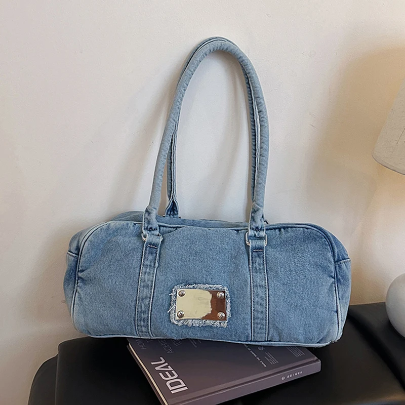 

Большая вместительная джинсовая сумка на одно плечо, дорожная сумка в корейском стиле, мягкий хлопковый ремень, застежка-молния, женская джинсовая сумка подмышками