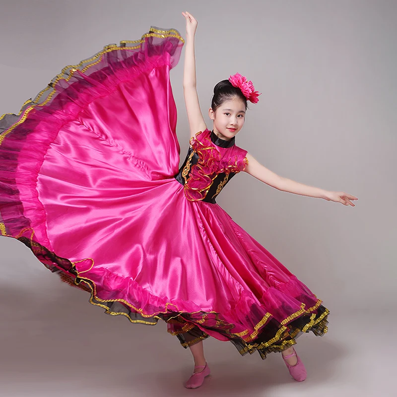 Girls Spanish Flamenco Dance Dresses 360/540/720 Degree Big Swing Skirt Kids Opening Dance Stage Performance Costumes