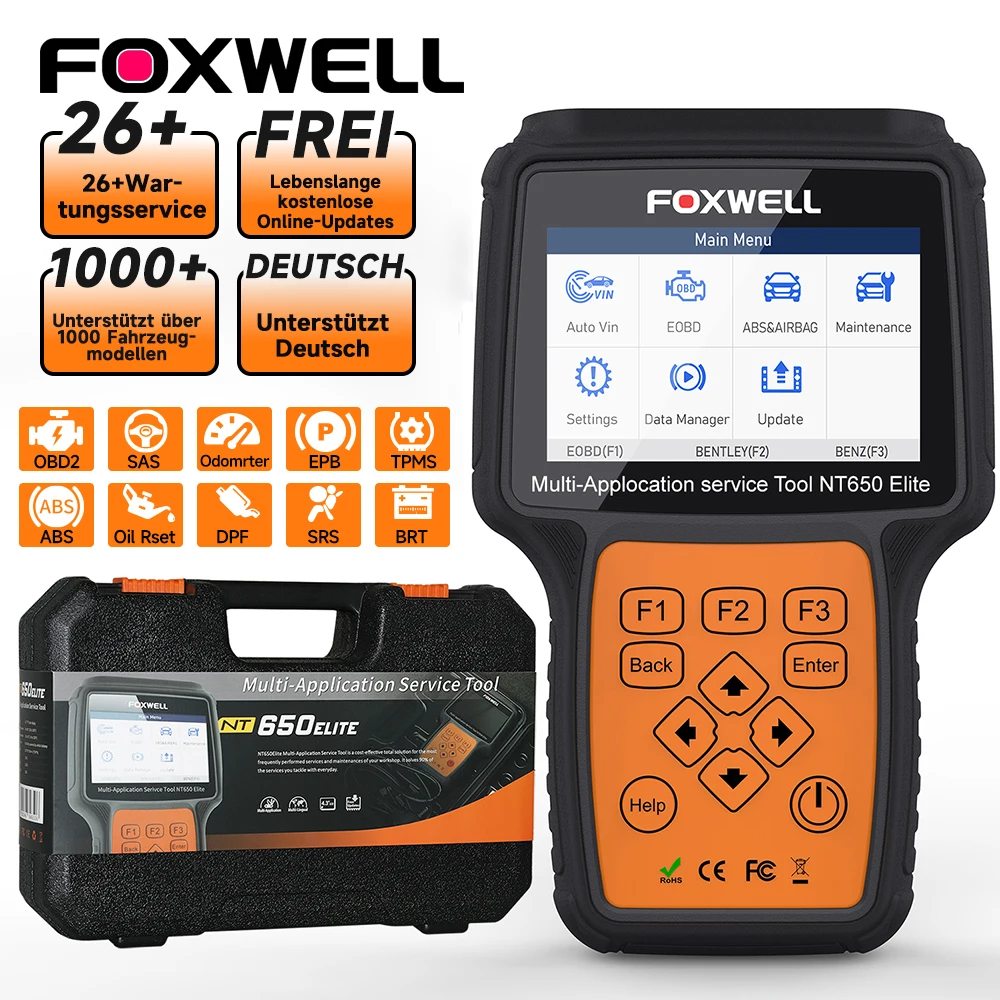 Vollständiges Auto-Diagnosetool FOXWELL NT650 Elite ABS- und SRS-Scan-Tool mit 25 Reset-Funktionen, Live-Daten und OBD-Scanner mit über 26 Reset-Funktionen