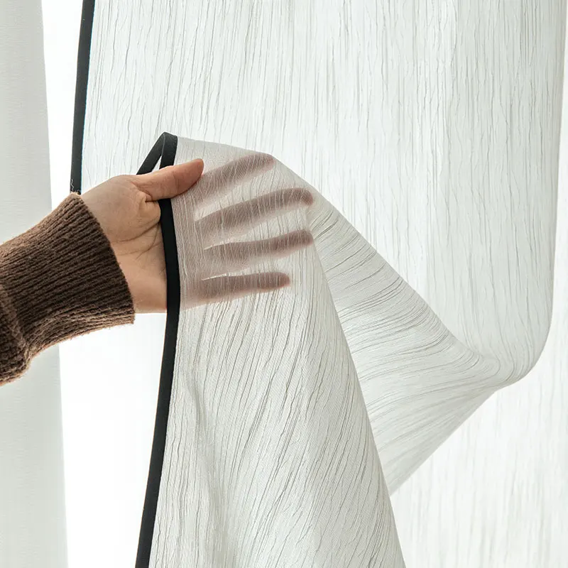 

Luxurious French Black Edges Sheer Curtain With Valance Janpanese Simple White Linen Gauze Curtains for Living Room Bedroom Door