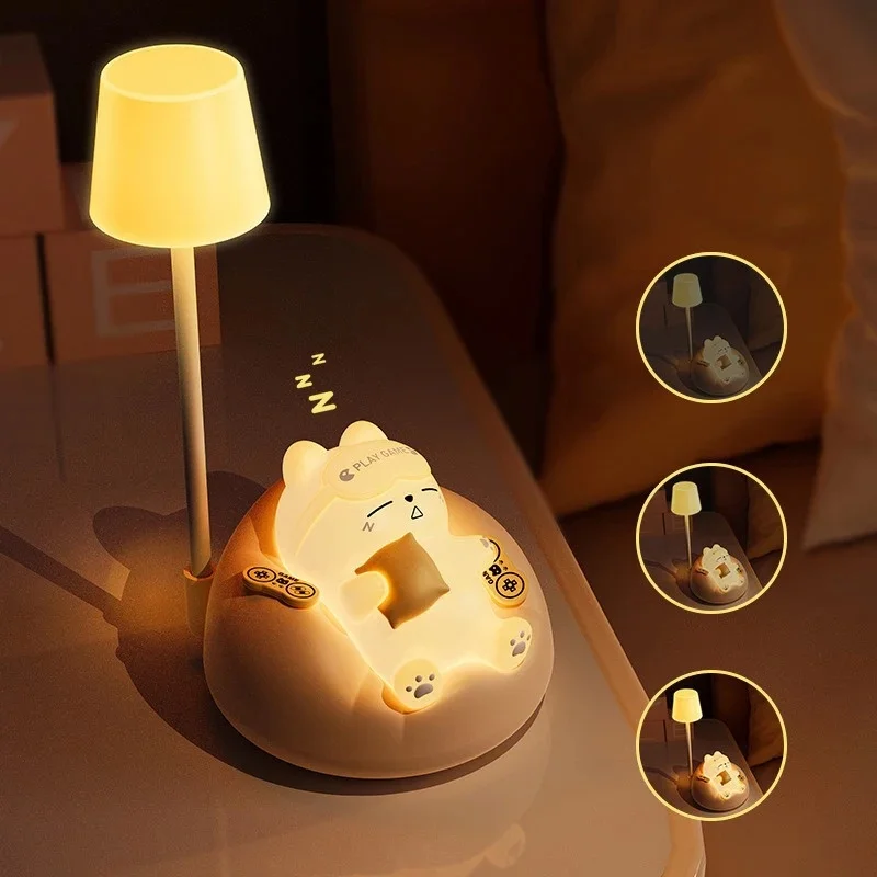 LED Table Night Light Cartoon Cute Pet Animal Bear Pig Cat Dog USB Recharge Battery Child Eye Protection Warm White Desk JJ4923