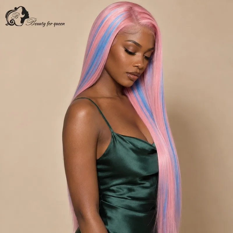 Pink Blue Highlight Straight Lace Front Wig Long Elegant For Lady Heat Friendly Fluffy Luxe Hot Smooth Quality Everyday Bold