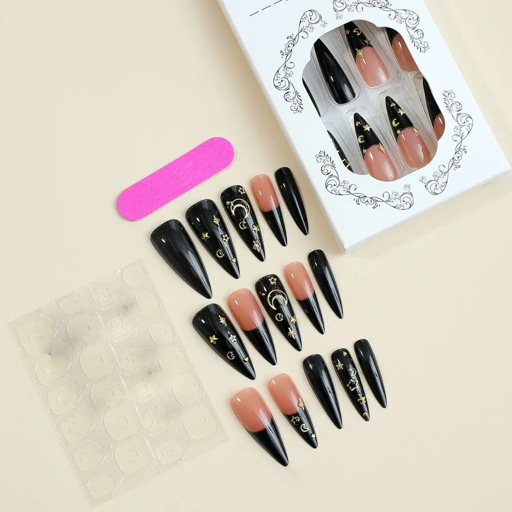 New Long Stiletto False Nails Moon Stars Mystery Fake Nails Detachable French Press on Nails DIY