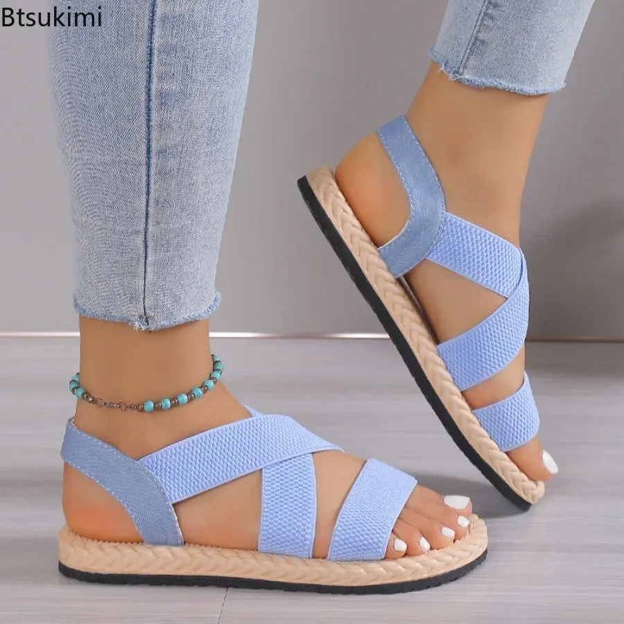 New 2023 Women's Casual Sandals Spring Summer Flat Bottom Grils Roman Shoes Beach Sandals Soft Sole Cross Large Female Sandalias