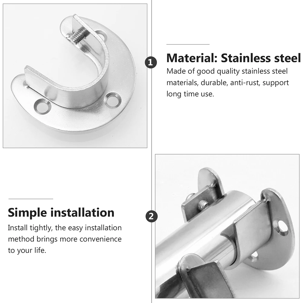 2pcs Stainless Steel Closet Rod Socket Half-Opening Design Side Screw Fixing Wide Application Wardrobe Pole Support Bracket