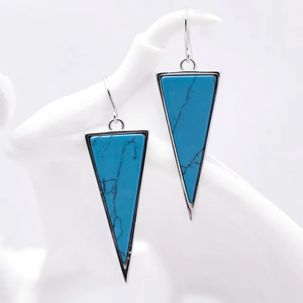 Dreieckige türkisfarbene Tropfenohrringe im neuen europäischen Stil, edler Schmuck für Frauen, klassisches Geschenk aus 925er Sterlingsilber – Detail 6