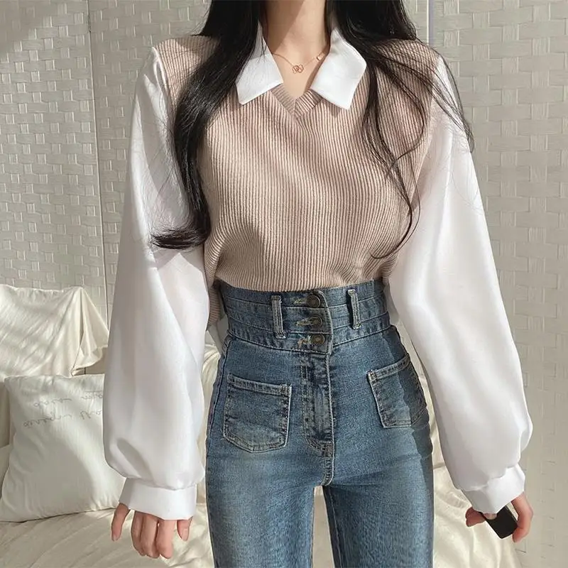 Y2k Polo Collar False Two-piece Blouse Women Spring Casual Korean Shirt Vintage Loose Pullover Tops Long Sleeve Elegant Blouses