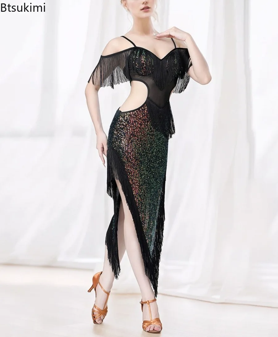 lady latin tassel dance dress Women girls black Wine royal blue Halter neck tassels latin dance dresses  Latin dance skirt sexy uniforms tassel dress suit game performance