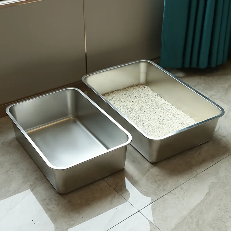 Oversized Smooth Stainless Steel Cat Litter Box Easy Clean Splash-Proof Leak-Proof for Multi-Cat Families