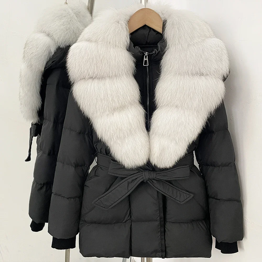 OFTBUY Große Jacke mit Kapuze und natürlichem Pelzkragen, mit echtem Fell, dicker Gürtel, Reißverschluss, Daunenjacke, Damen-Wintermantel – Detail 7
