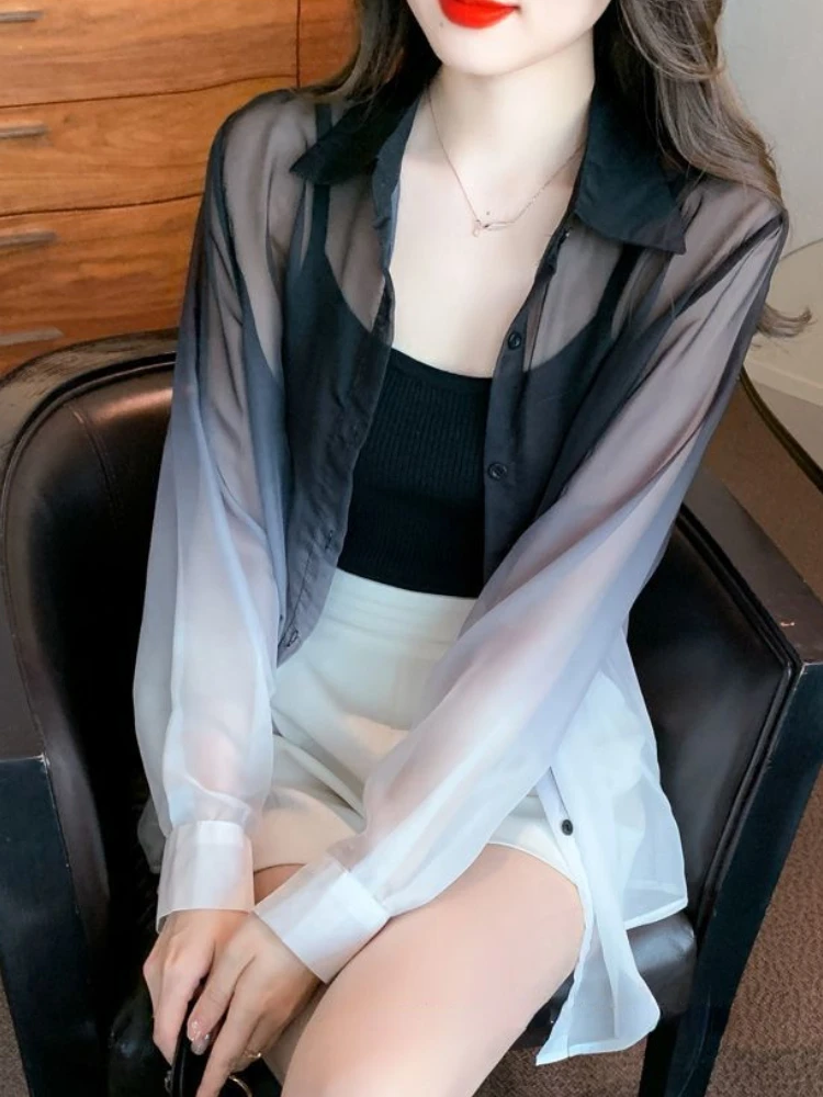 Shirts Women Summer Design Sun-proof Simple Elegant All-match Tender Gradient Korean Style Sheer Loose Leisure Turn-down Collar