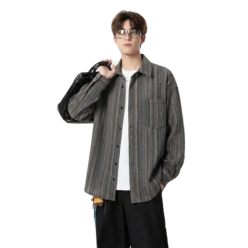Fashion Men Vintage Striped Shirt Long Sleeve Cotton Blend Casual Top Streetwear Urban Wear Spring Summer Shirt for Daily Outfit