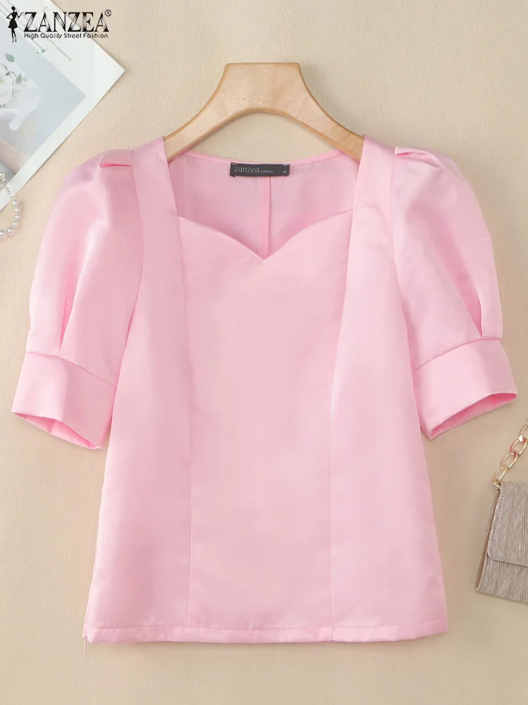 ZANZEA Elegant Shiny Satin Blouses Woman Summer 2025 Fashion Heart-Shaped Collar Short Puff Sleeve Blusas Mujer Solid Short Tops