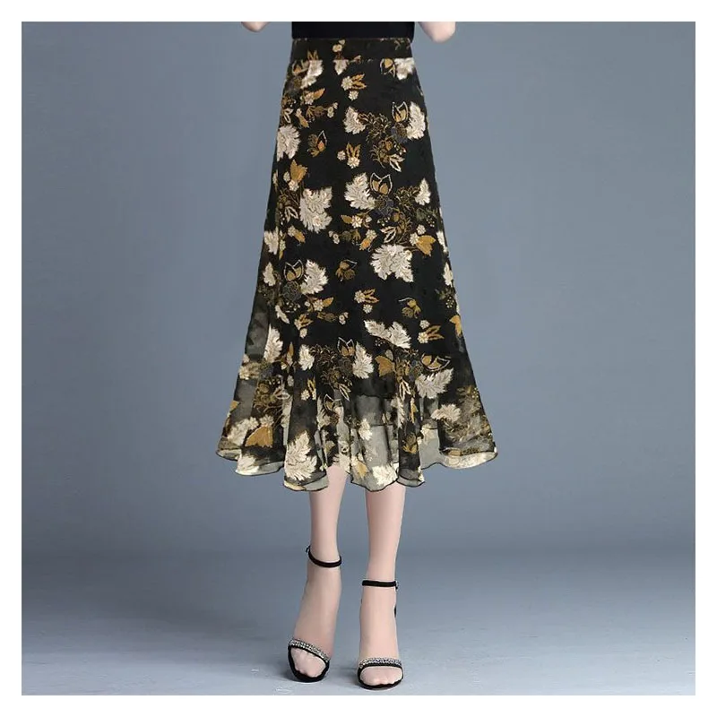 

Summer Floral Fishtail Skirt Female Floral Chiffon Skirt Fashion Irregular Slim High Waist Skirts for Women