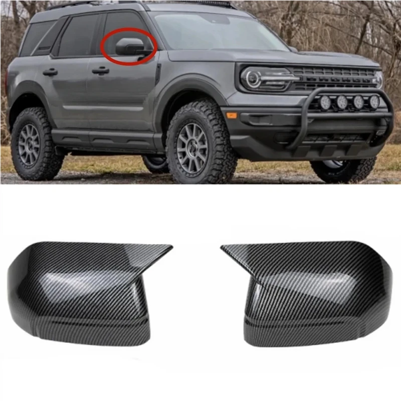 2pcs Carbon Fiber/Glossy Black ABS Car Rearview Mirror BullHorn Style Decoration Shell Cover Trim For Ford Bronco 2021-2024