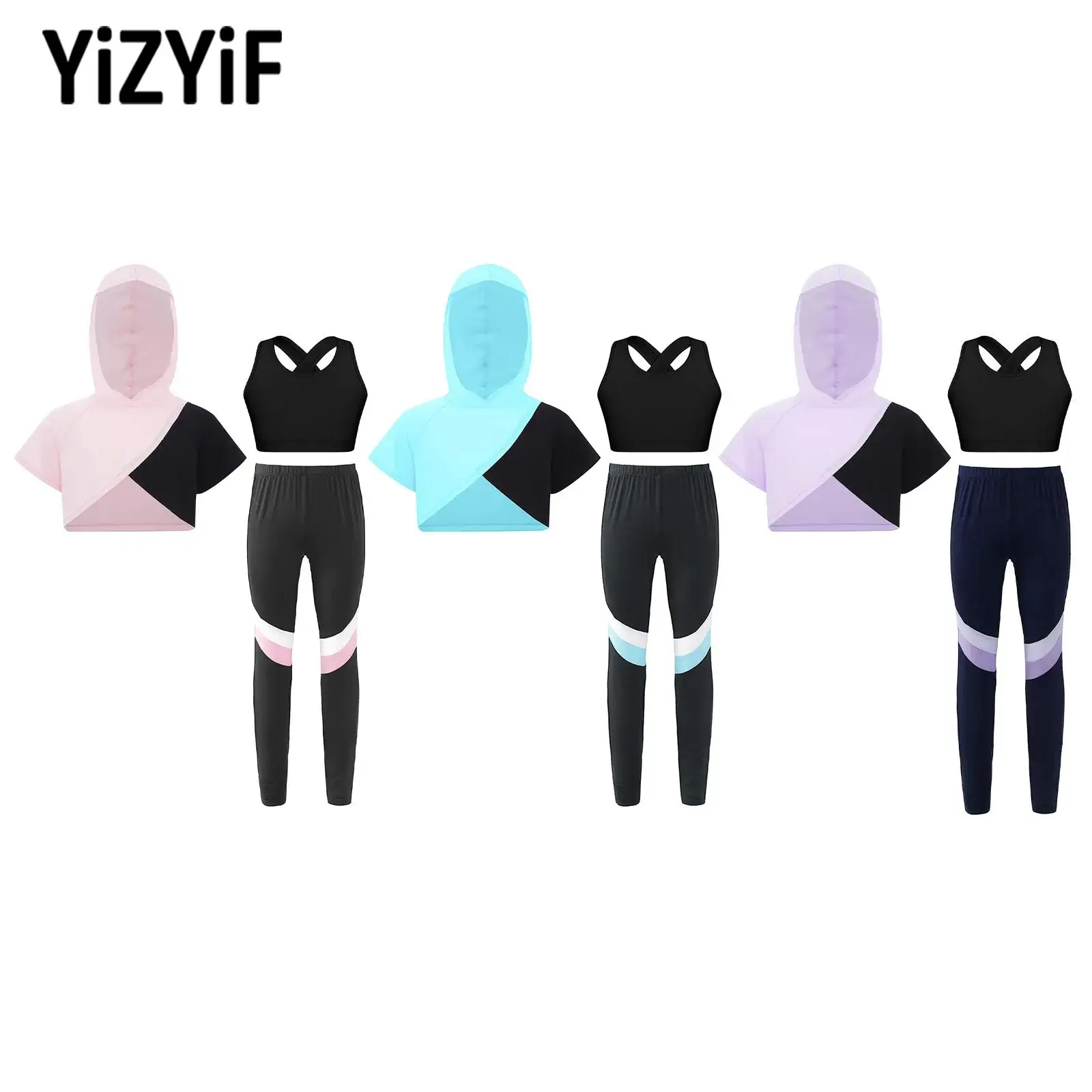 

3 Pcs Children's Sports Suits Girls Short Sleeves Color Block Hooded Crop Top+Vest+Leggings Sportswear for Workout Exercise Yoga