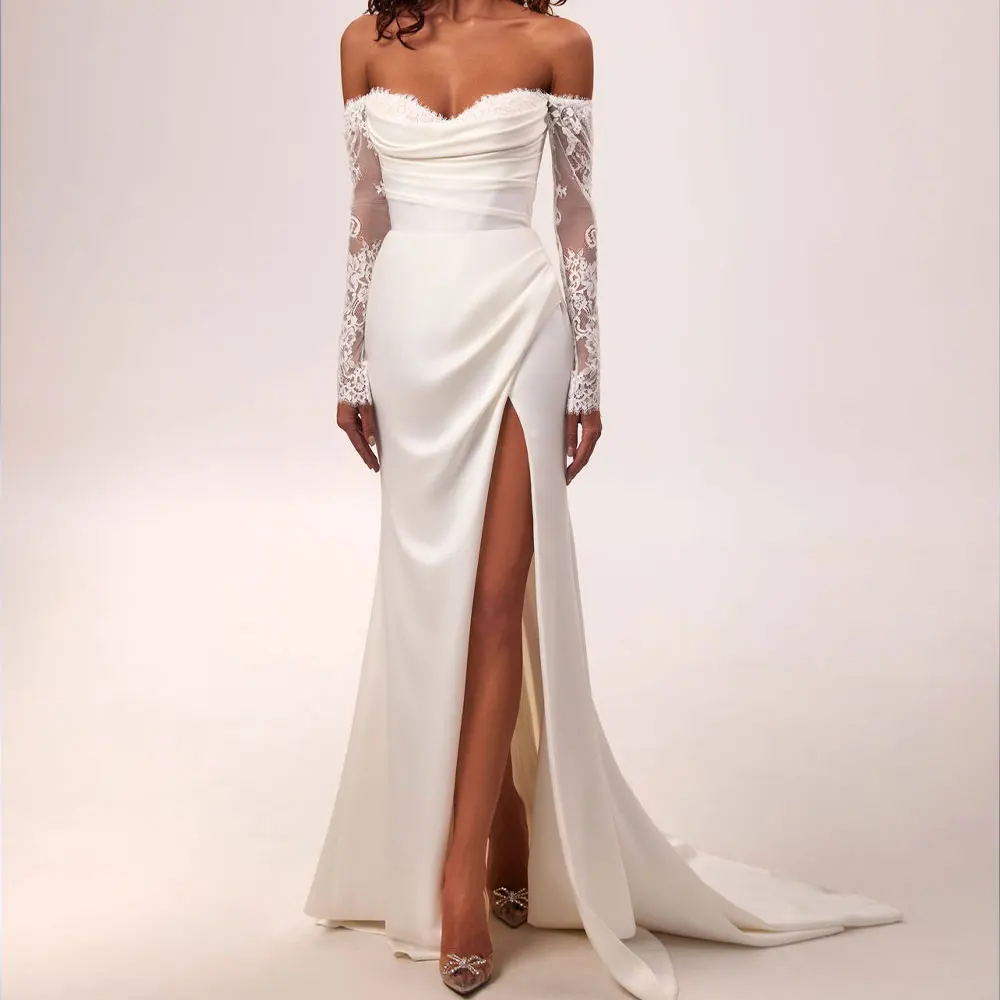 Eleganckie satynowe suknie ślubne typu syrena z koronką dla panny młodej, z długim rękawem, Vestidos Novia, plażowe suknie ślubne z dekoltem w serduszko i trenem.