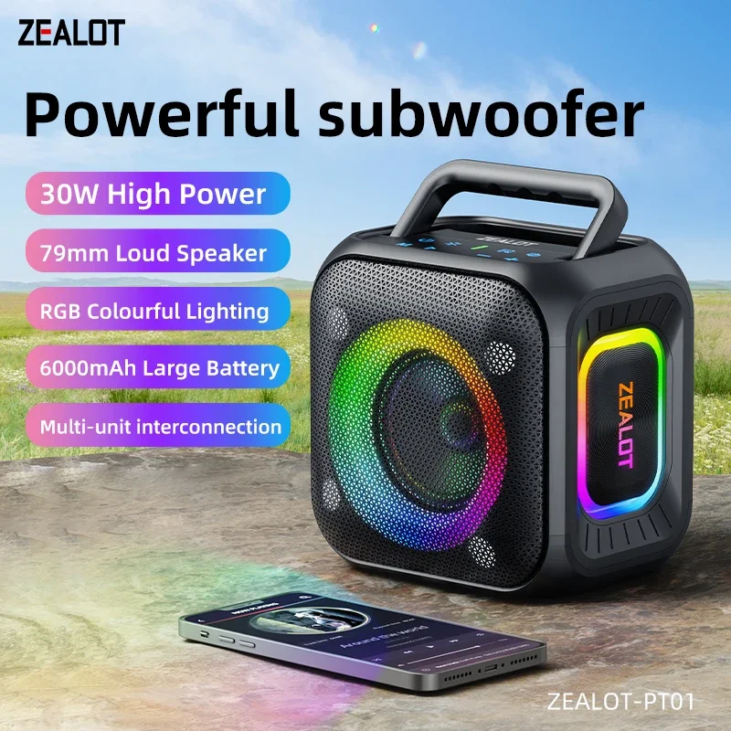

ZEALOT-PT01 Bluetooth Speakers 30W Enhanced Bass Portable Outdoor Wireless Speaker 12Hrs IPX6 Waterproof Speaker Bluetooth 5.4