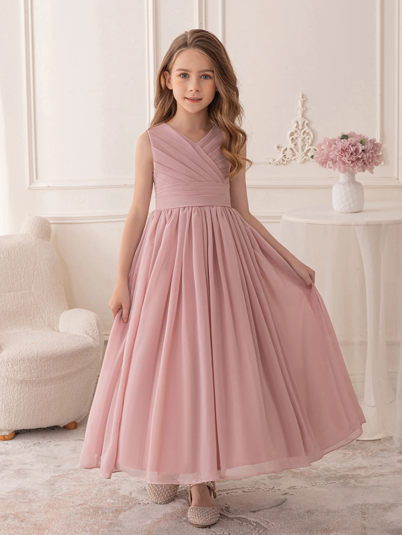 Tween Girls Pink Chiffon Dresses Wedding Party Long Dress Evening Gown