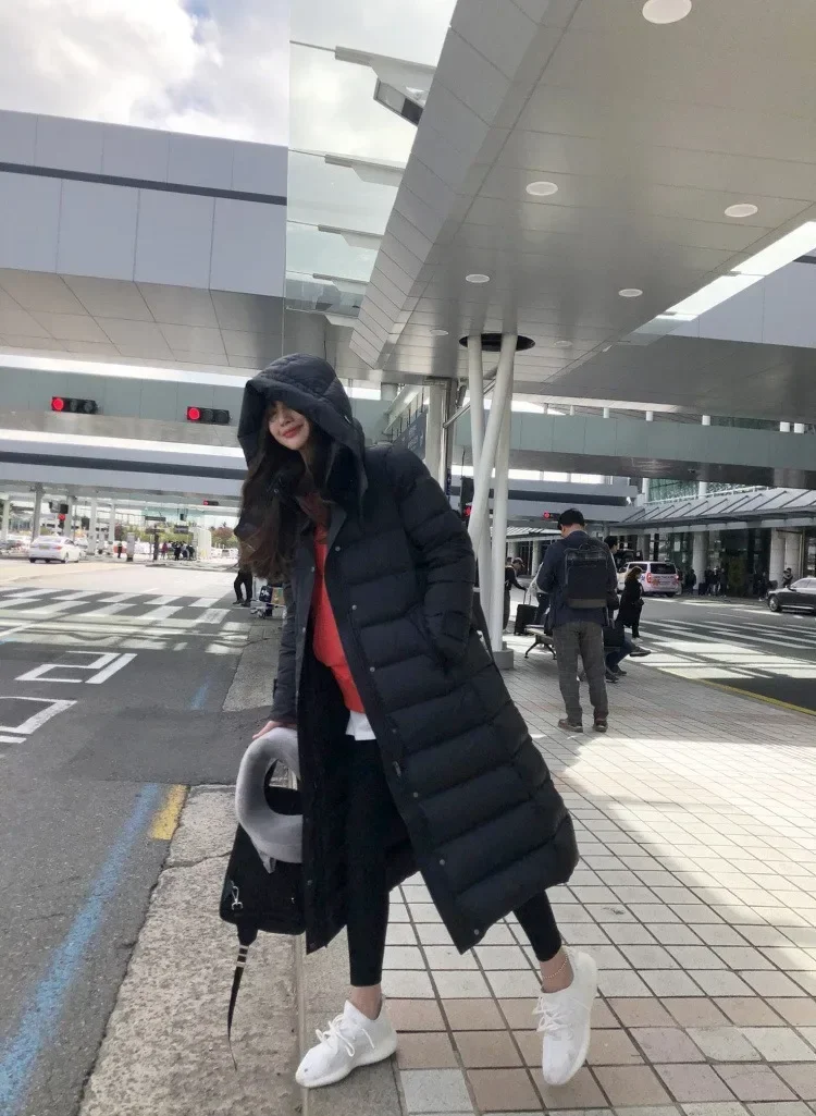 2025 New Winter White Duck Down Jacket Women Korean Office Lady Casual Fashion Long Hooded Warm Belt Slim Down Coat Female