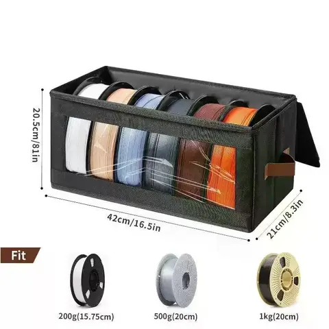 Caixa de armazenamento de filamentos com controle de umidade para impressoras 3D, protege bobinas de PLA, PETG e ABS contra poeira e umidade.