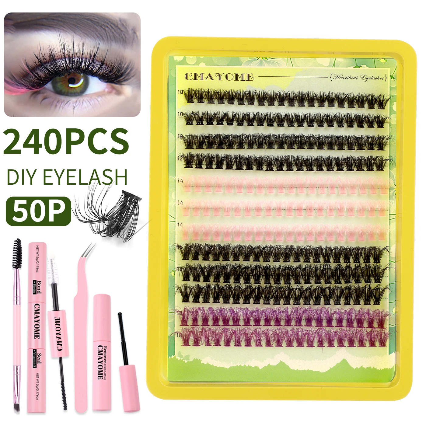 New Colored Lash Extension Kit 50P Eyelash Extension Cluster lashes 10-18mm Individual Eyelashes Extension Makeup for Christmas