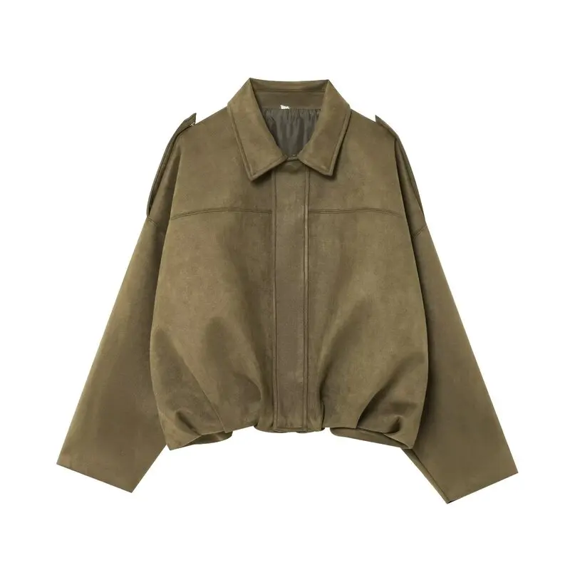 Spring 2025 Women's Versatile Faux Suede Pilot Jacket Outerwear Loose Fit Short Length Fashionable And Versatile