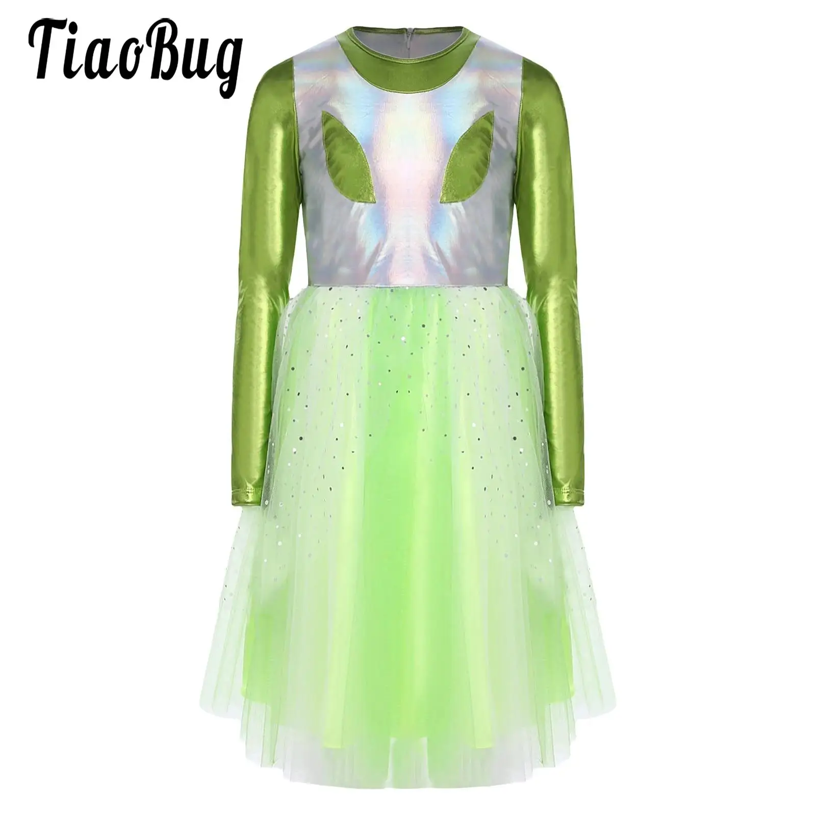 

Girls Halloween Alien Dress Outer Space Cutie Costume Long Sleeve Sequins Tulle Dress Party Dance Wear Shiny Dress Up Costume