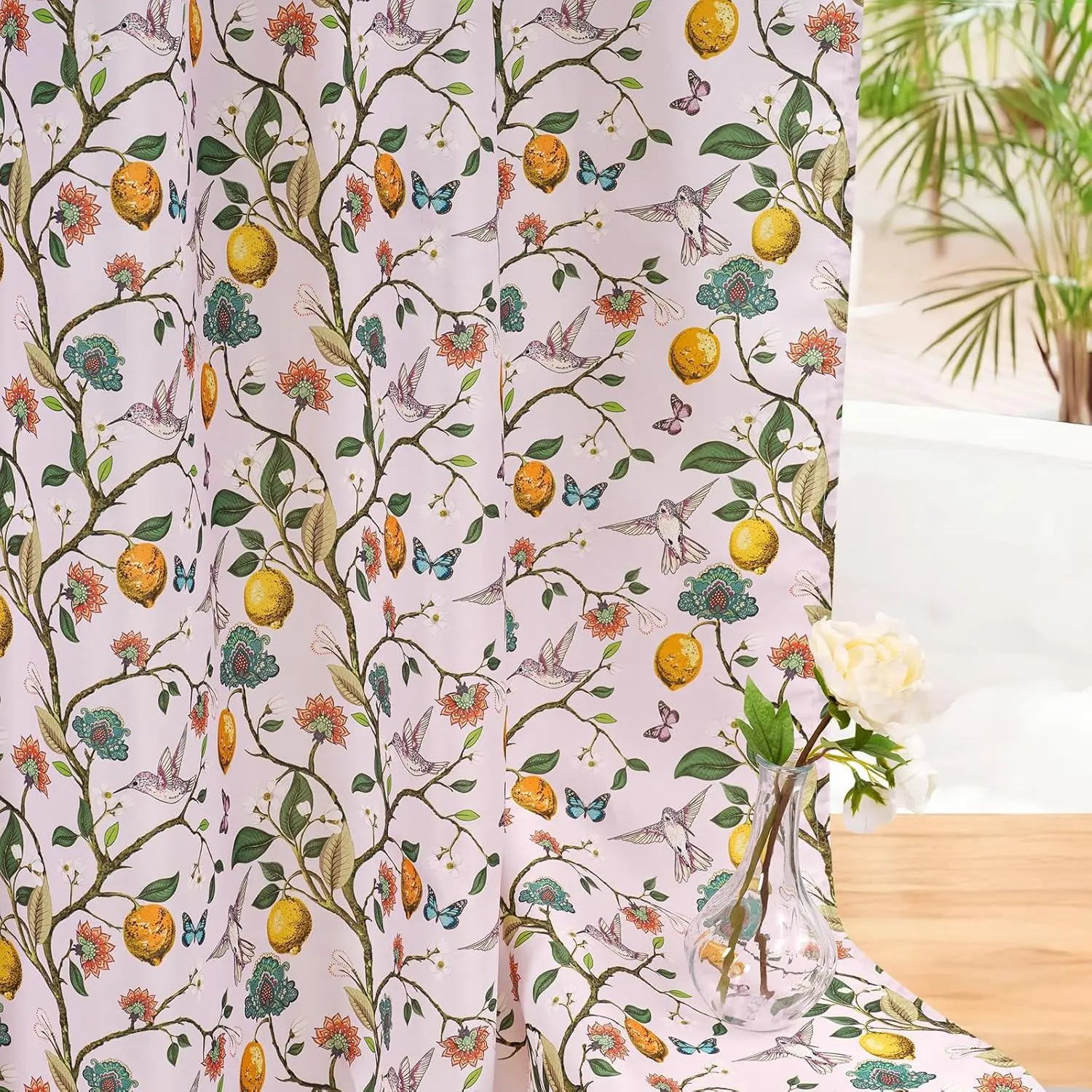

Pink Floral Bird Shower Curtain, Hummingbird Jungle Botanical Shower Curtains 72x72, Victorian Vintage Farmhouse Chic French Cou