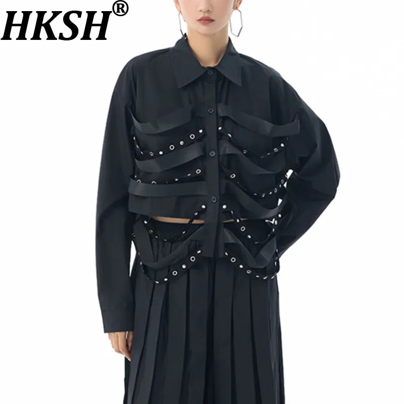

HKSH Spring Autumn New Women's Shirt Niche Design Ribbon Eyelet Patchwork Single Breasted Short Blouse Elegant Chic Tops HK15493