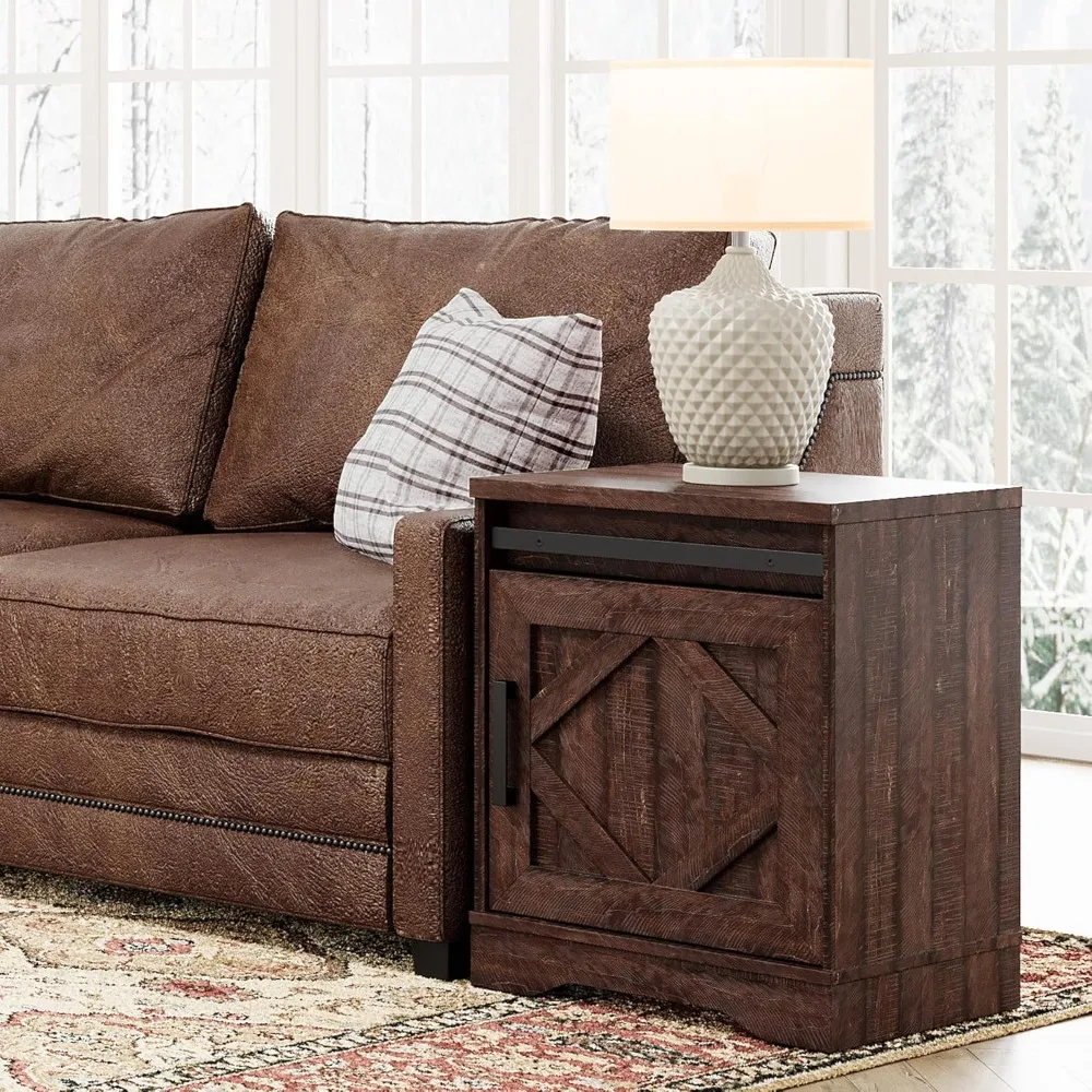 

The living room features a 24.3-inch tall farmhouse coffee table with drawers and a barn door cabinet