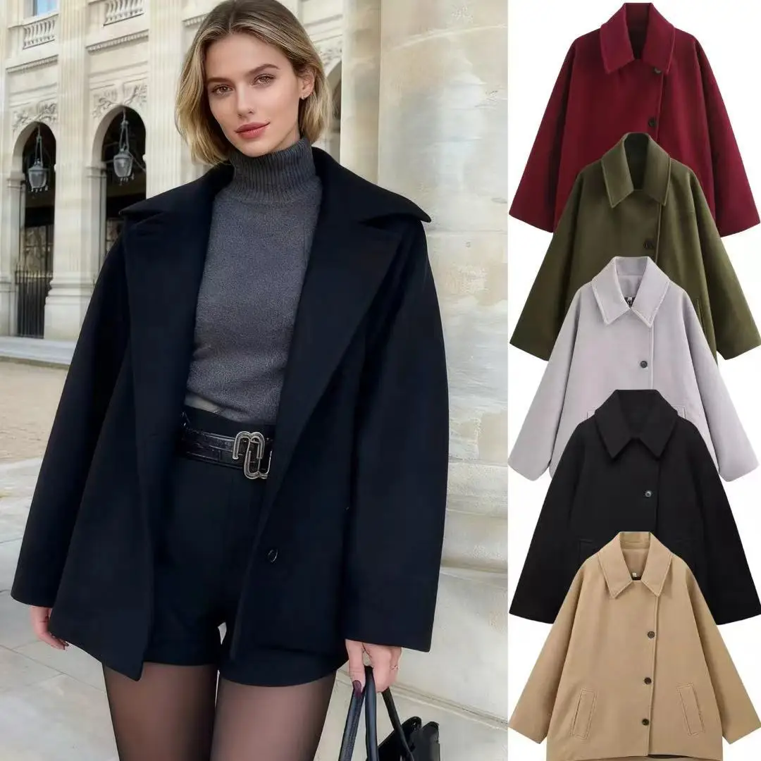 

Cross-Border Sle Women's Wool Blend ort Loose Coat Outerwear Faionable Button up Long Sve Color Knitwear