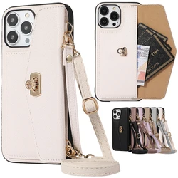 Wallet Shoulder Strap Phone Case for iPhone 16 Pro Max 13 12 14 15 Pro Max 16 Plus Rope Lady Leather Card Pocket Lanyard Cover