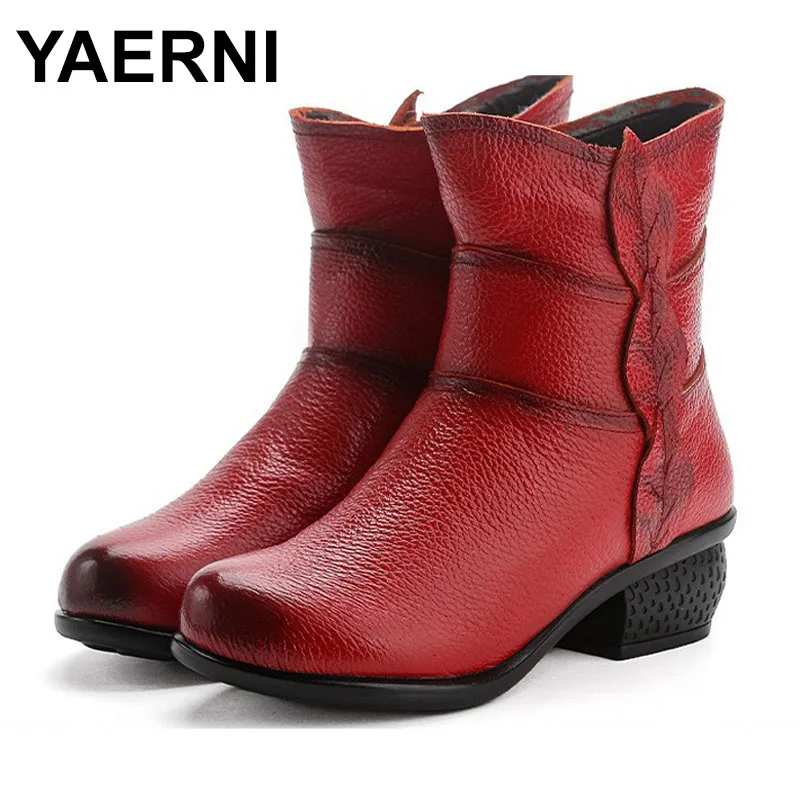 

Anti-Slip Ethnic Style Women Low-Heel Leather Boots With Cotton And Velvet Insulation Genuine Leather Winter New Soft Boots