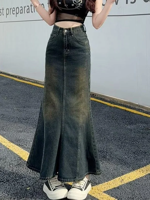 Dżinsowa spódnica z wysokim stanem damska, spódnica w kształcie litery A z efektem rybki, wyszczuplająca spódnica kopertowa, bawełniana, codzienna, do pracy.